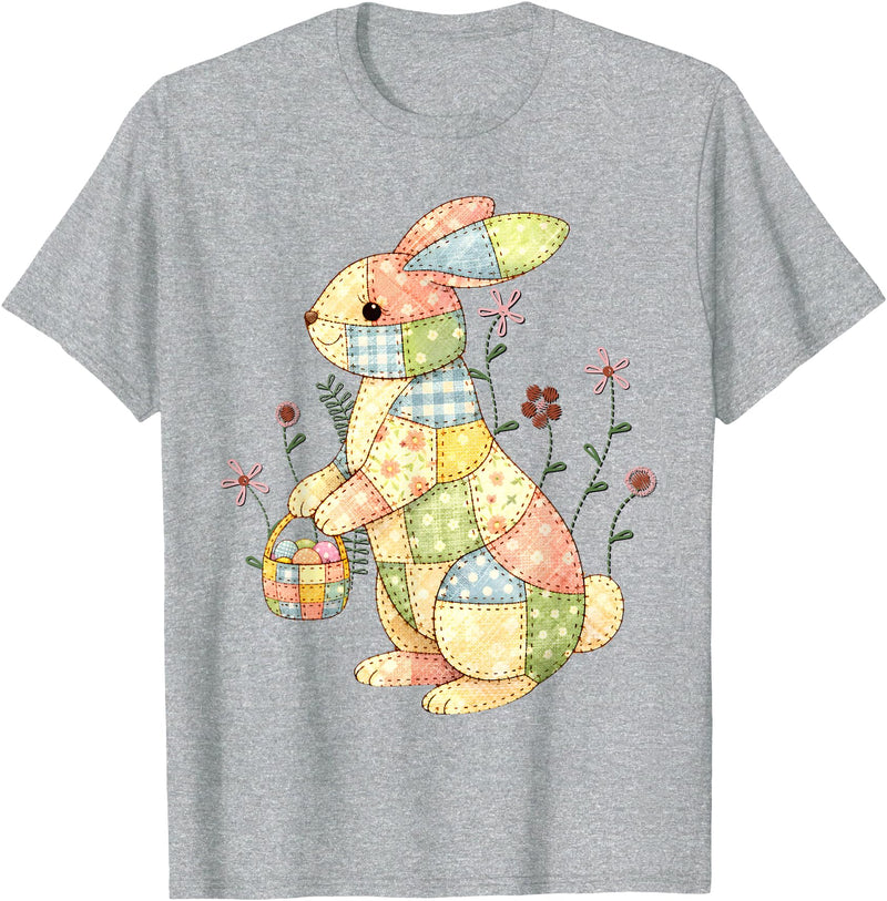 Patchwork Easter Bunny Rabbit Quilting Quilters Sewers T-Shirt in Heather Grey