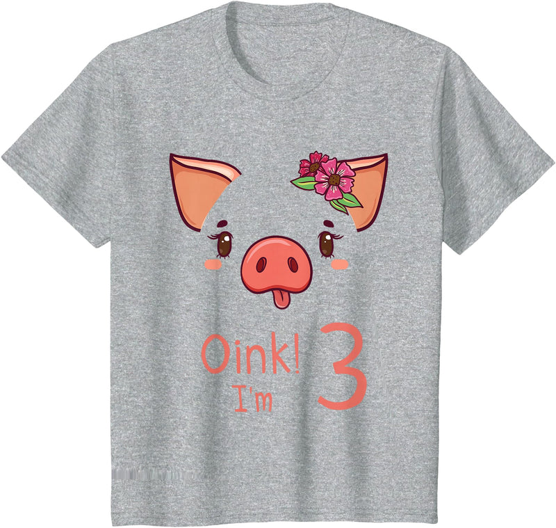 Girls Cute Pig Birthday Designs Co. 3rd Birthday Pig Outfit Pig Face Gift 3 year old Girl Boy T-Shirt - Heather Grey