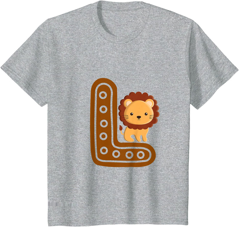 Kids Alphabet Letters Letter L Cure Lion Alphabet Cute Animal Boys Girls T-Shirt - Heather Grey