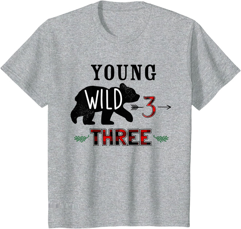 UrbanWear Bear Buffalo plaid Young Wild & Three 3 years 3rd Birthday T-Shirt - Heather Grey