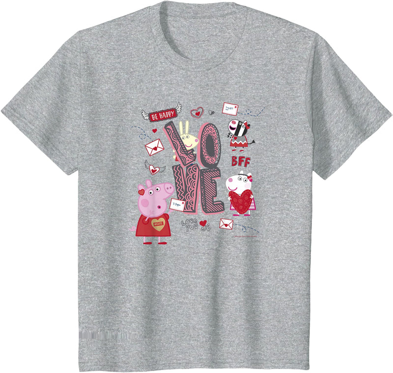 Kids Peppa Pig Valentine's Day Love Be Happy Friends Group Shot T-Shirt - Heather Grey