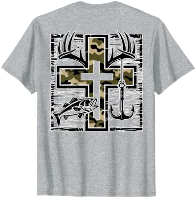 Camo Cross Fishing Faith Christian 2 Sided Hunting Fishing Cross Camo Faith Christian Fisherman Hunter T-Shirt - size chart