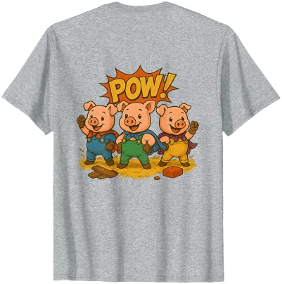 Three Hero Pigs Storytime Legends Bad Wolf in personalized costume 3 Pigs on the back T-Shirt - size chart